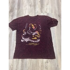 Ed‎ Hardy Mens Eagle Lightning Bolt Acid Wash T-Shirt Burgundy Large Vintage